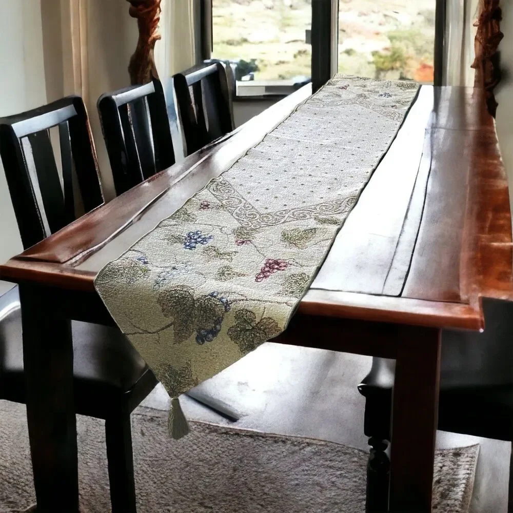 Winery Fruit Print Green Table Runner Heavy Woven Tassel 72” x 12.5” Granny Core